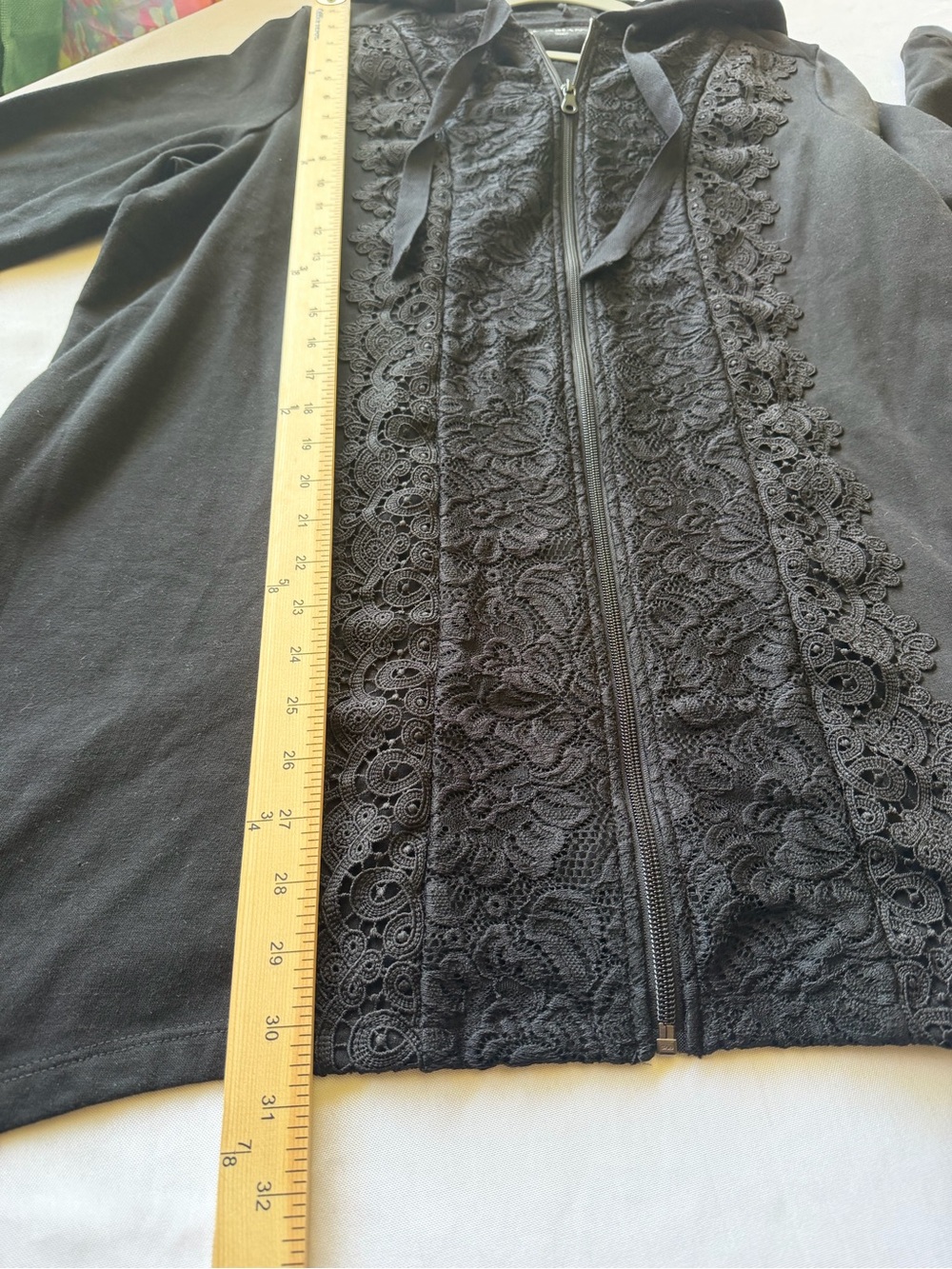 Roaman's Black Hooded Zip Cardigan with Lace Trim - Picture 7 of 7
